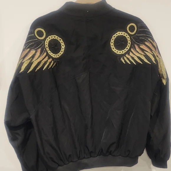 Gold Feather Black Bomber Jacket Size Medium - Picture 4 of 6